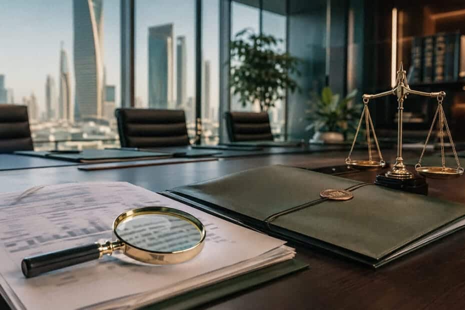 مستندات شركة تحت الفحص ومكبر وميزان عدالة