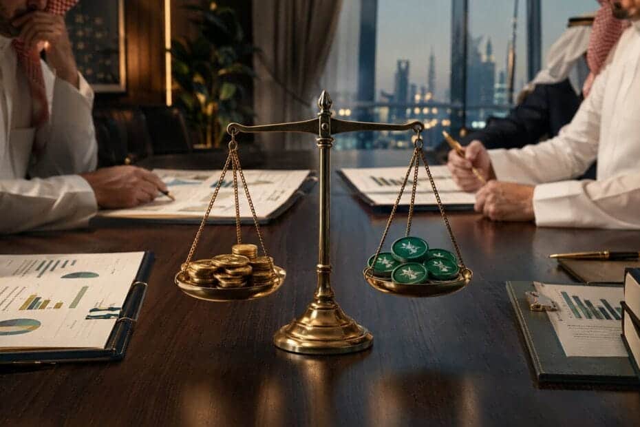 اجتماع مجلس إدارة وميزان يرمزان إلى توزيع الأرباح